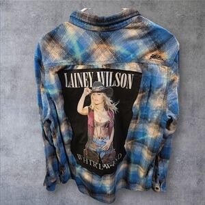 Upcycled No FLear Flannel Lainey Wilson Blue and Orange Plaid Button-Up Shirt